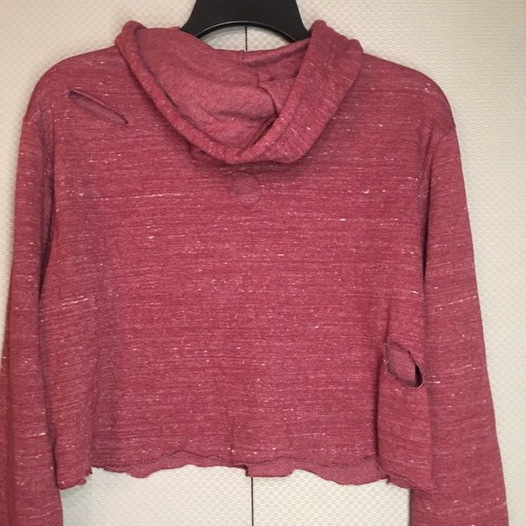 PACSUN WOMENS CROPPED HOODIE BURGUNDY DISTRESSED MEDIUM - Picture 6 of 12